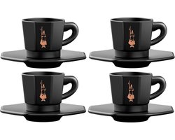 Bialetti Octagonal Espresso Kopjes Set – 4 Kopjes met Schotels – 75 ml – Mat Zwart Porselein met Goudkleurige Details
