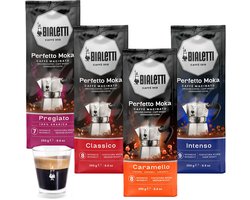 Bialetti Perfetto Moka Gemalen Koffie Proefpakket - 4 x 250 gram - Classico, Intenso, Delicato en Caramello + Gratis Espresso Glas