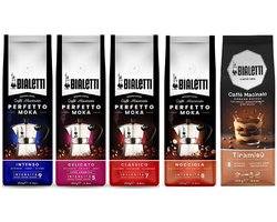 Bialetti Perfetto Moka Gemalen Koffie Proefpakket - 5 x 250 gram - Classico, Intenso, Delicato , Nocciola , Tiramisu