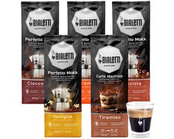 Bialetti Perfetto Moka Gemalen Koffie Smaken proefpakket - 5 x 250 gram - Caramello, Cioccolato, Nocciola, Vaniglia en Mandorla + Gratis espresso glas