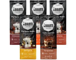 Bialetti Perfetto Moka Gemalen Koffie Smaken proefpakket - 5 x 250 gram - Caramello, Cioccolato, Nocciola, Vaniglia en Tiramisù