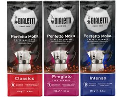 Bialetti Perfetto Moka Koffie proefpakket 3 x 250 gram - Classico, Intenso en Pregiato