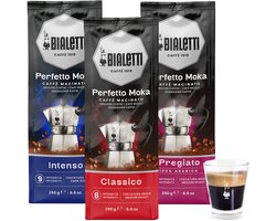 Bialetti Perfetto Moka - koffie proefpakket - Classico, Intenso, Pregiato - 3 x 250 gram + gratis espresso glas