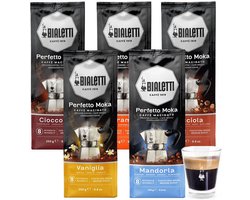 Bialetti Perfetto Moka Koffie smaken proefpakket - 5 x 250 gram - Caramello, Cioccolato, Mandorla, Nocciola en Vaniglia