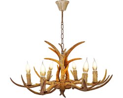 Bibeenah Kroonluchter Herten Gewei – Landelijke Plafondlamp 6-Lichts – Rustieke Industriële Hanglamp – Sfeervolle Verlichting voor Woonkamer of Eetkamer – Bruin Antiek Design