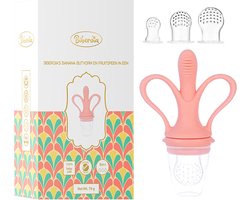 Biberoia® Bijtring banaan en fruitspeen in 1 - Baby - Fopspeen – Extra speen in 3 maten S+M+L - Kinderbestek - Baby speelgoed – Kraamcadeau - Babyshower - Roze