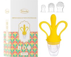 Biberoia® Bijtring banaan en fruitspeen in 1 - Baby - Fopspeen – Extra speen in 3 maten S+M+L - Kinderbestek - Baby speelgoed – Kraamcadeau - Babyshower - Geel