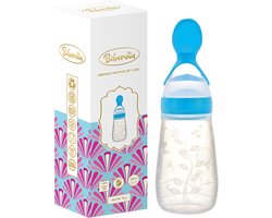 Biberoia® Knijpfles met lepel – Drinkfles - Baby – Kinderbestek - Kraamcadeau – Babyshower – Blauw