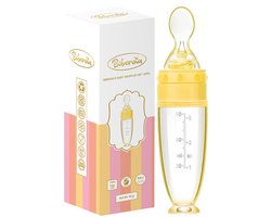 Biberoia® Knijpfles met lepel – Drinkfles - Baby / Kinderbestek - Kraamcadeau – Babyshower – Geel