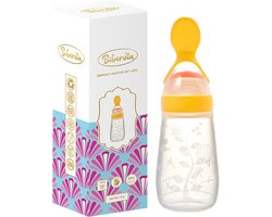 Biberoia® Knijpfles met lepel – Drinkfles - Baby – Kinderbestek - Kraamcadeau – Babyshower – Geel
