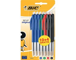 BIC M10 Original Balpen - Pennen in Blauw, Zwart, Groen en Rood - Medium Punt 1,0 mm - 14 Stuks