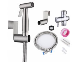 Bidet Handdoucheset - Bidet Sproeier uit geborsteld RVS - Inclusief slang, T-stuk & wandhouder - Intieme Douche met Handdouche, Wandhouder en 1,5 m Metalen Slang - WC-Sproeier met 1/2 Inch Aansluiting - Geborsteld RVS - Voor Badkamer en Toilet