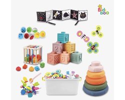 Bidiboo 8 in 1 Montessori Babyspeelgoed Set – Educatief Sensorisch Speelgoed – Baby Speelgoed 6 Maanden – Inclusief Opbergbox – Stapelringen, Voelblokken, Fidget Spinner & Activiteitenspeelgoed