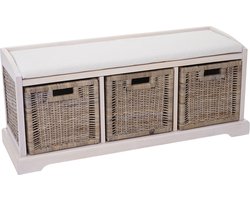 Bienne bank, opbergdoos, 3 manden, Kubu rotan vlechtwerk, 112x46x37cm ~ wit