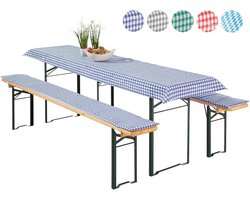 Bierbank Kussenset 3-Delig met Tafelkleed voor Biertafel - Blauw Vichyruit