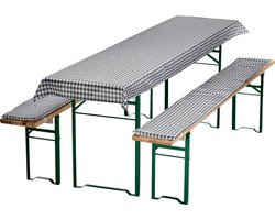 Bierbankkussens Set 130x70 cm Grijs Geruit - 1x Tafellaken voor 110x50 cm tafels & 2x Gevoerde kussens voor 110x25 cm banken
