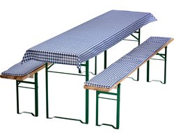 Bierbankkussens Set 240x70 cm Blauw Geruit - 1x Tafellaken voor 220x50 cm tafels & 2x Gevoerde kussens voor 220x25 cm banken