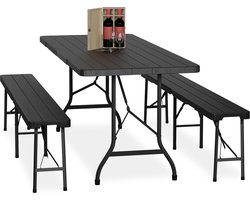 biertafel set - inklapbaar - 3-delig - met banken - kunststof - campingtafel - zwart