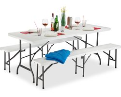 biertafelset opvouwbaar - 1 tafel en 2 banken - 74 x 180 x 74,5 cm - wit