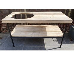 Big Green Egg Tafel | Buitenkeuken | 140x70cm | Gat 50cm | Zwart Staal en Hout | BBQ Tafel | Kamado Tafel | Barbecue | Bastard | Grill Guru | Kamado Joe | Ombouw | Onderstel | Geschikt voor vele modellen