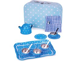 Bigjigs blikken servies blauw/wit in koffer serviesje