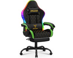 BIGZZIA Gaming stoel - Ergonomische stoel - 90-135° Verstelbare Rugleuning - 150kg Belastbaarheid - 360° Draaibaar - met hoofdkussen en lendenkussen - RGB-verlichting - voetensteun - Zwart en Groen