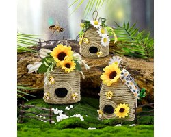 Bijenkorf Decoratie - Rustiek Bijenhuis - Buiten Decoratie - Handgemaakt Natuurlijk - 13.5 x 11.8 cm - Natuurlijk