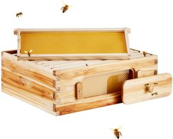 Bijenkorf Middelgrote Kast Startset, 100% met Bijenwas Gecoat Natuurlijk Cederhout, Langstroth-Bijenkorf met 10 Ramen En Funderingen, Transparante Acrylramen