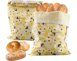 Bijenwas Broodzakken - Set van 2 - Katoenen broodzakken met bijenwas - Natuurlijke materialen - Water- & oliebestendig, houdt voedsel vers - 43 x 33 cm - Schattig bijenpatroon