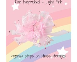 Bijou Pien hair & jewels - Haarwokkel elastiek - organza strips en mazed fabric strips - Licht Roze pastel (baby roze) - Strass steentjes - kinderen - meisjes - casual feest bruiloft communie