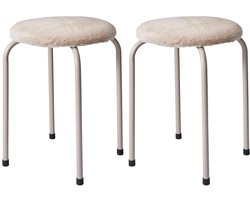 Bijzet krukje Furry beige - 2x - metaal/stof - D40 x H48 cm - Meubels