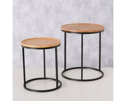Bijzet tafel - Bamboe Hout - 2set - ijzer - Hoog 45.50cm en 38.50cm - Ø33cm en Ø40cm- Zwart - Bruin