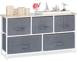 bijzetkast - 5 stoffen manden - metalen frame - 54,5 x 100 x 30 cm - slaapkamer - grijs