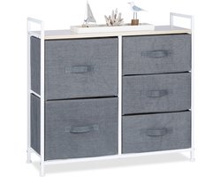bijzetkast - 5 stoffen manden - metalen frame - 77,5 x 83 x 29 cm - slaapkamer - grijs