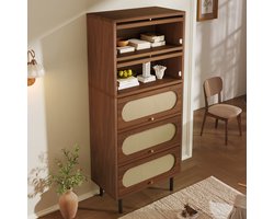 Bijzetkast 80x40x163 cm - hoge kast - ladekast met vijf lades - walnoot met rieten details - veel opbergruimte - keukenkast