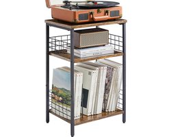 Bijzettafel, 3-laags staande plank, draaitafelstandaard met geclassificeerde opslag, industriële stijl, beschermend ijzeren net, voor cd's, platenspeler, tijdschrift, woonkamer, slaapkamer, studio, kantoor,
