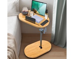 Bijzettafel, 360 graden, roterend, in hoogte verstelbaar, 42-82 cm, bamboe bijzettafels, hout en metaal, kleine salontafel, koffietafel, zijtafel voor woonkamer, badkamer, bed, bank