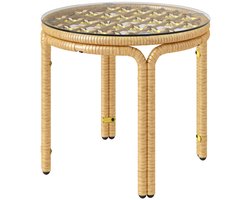 Bijzettafel 50 cm - Ronde Koffietafel met Glasplaat - Weerbestendig voor Tuin Terras Balkon - Polyrattan - Geel