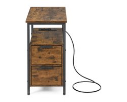 Bijzettafel 60 x 35 x 61 cm, bruin + zwart Opbergkast Nachtkastje met stopcontact en 2 lades, stevig en duurzaam metalen frame, multifunctioneel en veelzijdig, geschikt voor woonkamer en slaapkamer