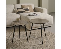 Bijzettafel Arols (set 2 stuks) - Travertin/Metaal - Bruin/Zwart - 41x48x41 / 48x53x48 cm (BxHxD)