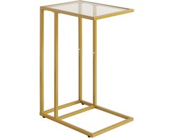 Bijzettafel, banktafel, laptoptafel, verzorgingstafel, glazen tafel met metalen frame, gehard glas, goudkleurig