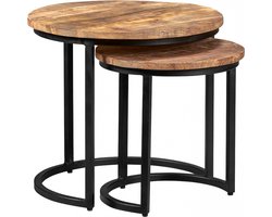 Bijzettafel Bemmel - Hout - Naturel - Onderstel, Zwart - 53x46x53 cm (BxHxD) - Rond - Set van 2