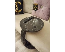 Bijzettafel - Bijzettafel met wielen - Bedtafeltje met Wielen - Tafeltje op Wieltjes - Ronde Bijzettafel - Zwart en Marmer