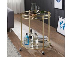 Bijzettafel - Bijzettafel op wielen - Keukenwagen - Serveerwagen - Theewagen - Ø 57 cm - Goud - Glas