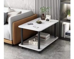 Bijzettafel - Bijzettafel rechthoekig - 60x40x55 cm - 2 lagen - Tafeltje - Banktafel - Bedtafel - Koffietafel - Wit marmer kleur