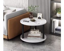 Bijzettafel - Bijzettafel rond - 40x40x55 cm - 2 lagen - Tafeltje - Banktafel - Bedtafel - Koffietafel - Wit marmer kleur