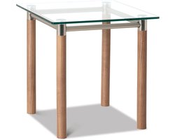 Bijzettafel – Bruin massief hout met veiligheidsglas – 42 cm breed, 42 cm diep, 43 cm hoog – UV-verbinding