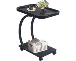 Bijzettafel C-vorm | Bijzettafel bank met wieltjes | Kleine houten salontafel heeft metalen frame | industrieel design 52 x 34 x 60 cm | bijzettafels voor de woonkamer voor koffie en laptop (zwart)