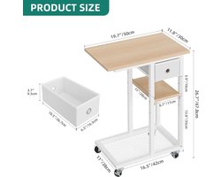 Bijzettafel, C-vormige banktafel met wielen en lade, woonkamertafel voor koffie en laptop, voor woonkamer, slaapkamer, 50 x 30 x 67 cm,