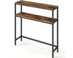 Bijzettafel Console tafel Banktafel 20 x 80 x 80 cm bruin en zwart ontwerp met twee niveaus open opbergplanken en verstelbare voetjes stevig stalen frame smal ruimtebesparend ontwerp voor hal woonkamer en gang